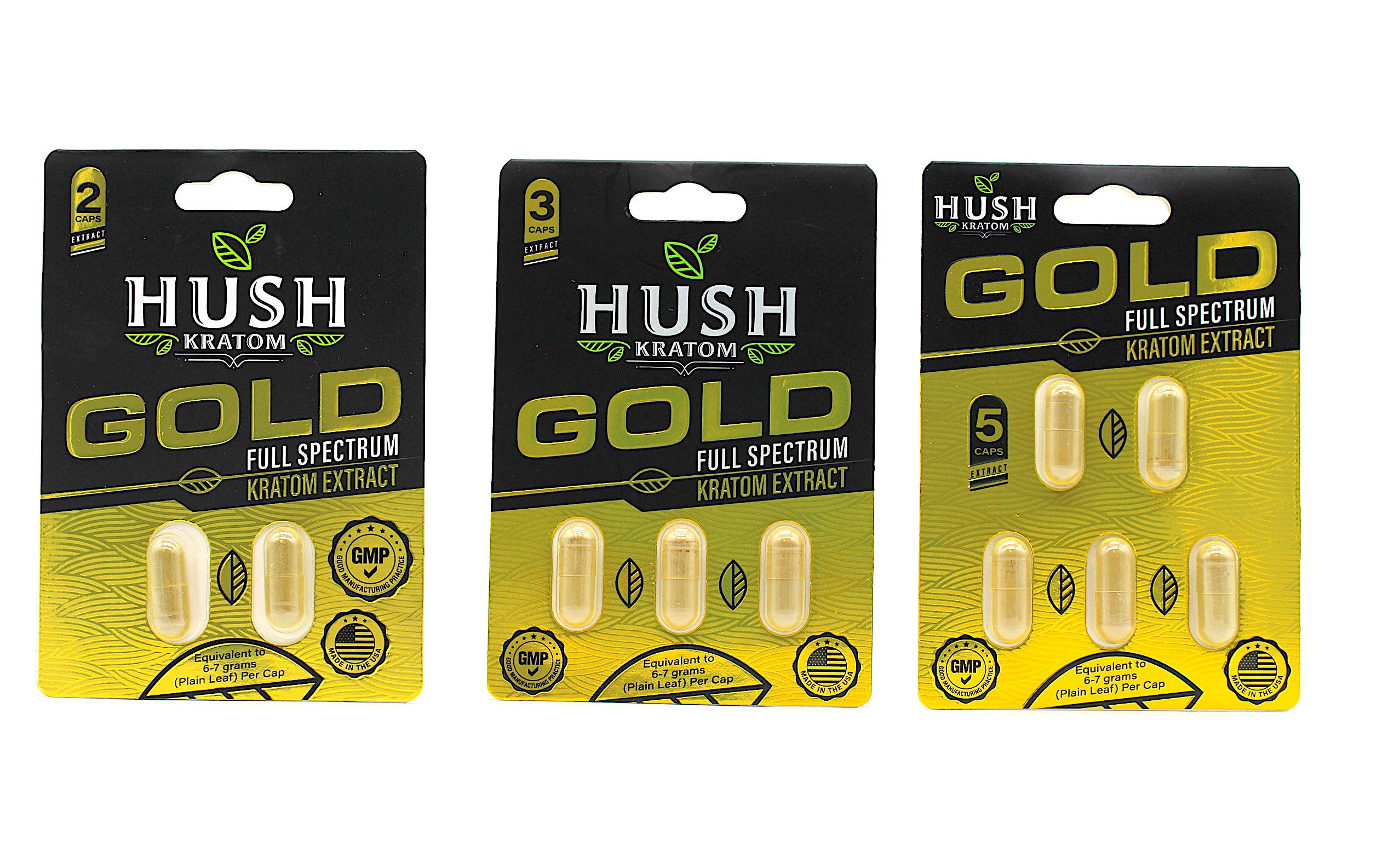 Hush- Gold Full Spectrum Kratom Extract Capsules ( 2CT, 3CT or 5CT)